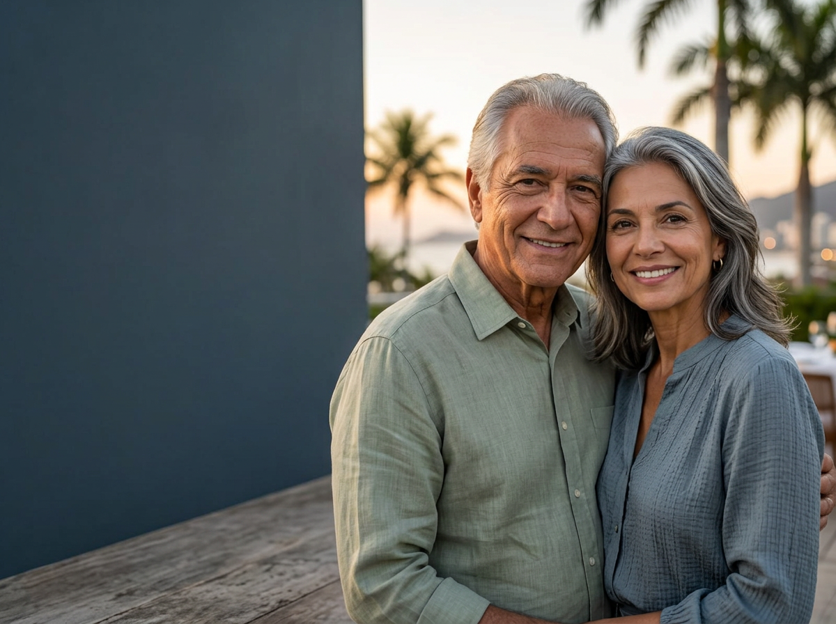 Casal idoso sorrindo e aproveitando a vida